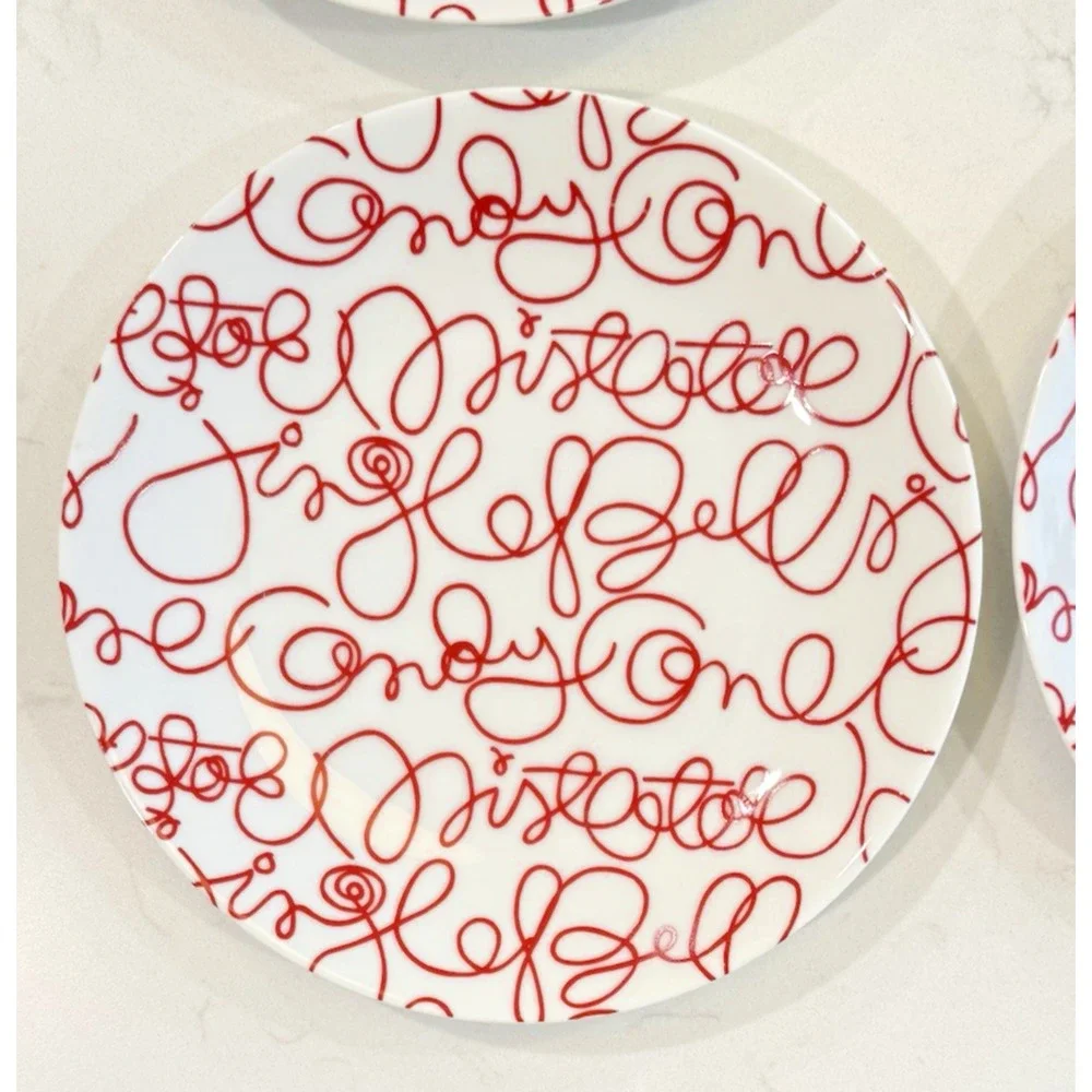Set of 4 CRATE & BARREL Artwork Script Christmas Holiday Salad Plates 8.5